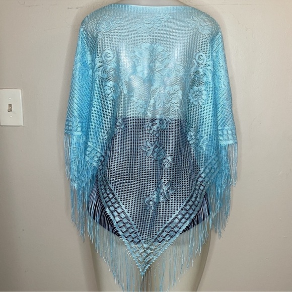 Light Blue Fringe Poncho One Size - Picture 5 of 5